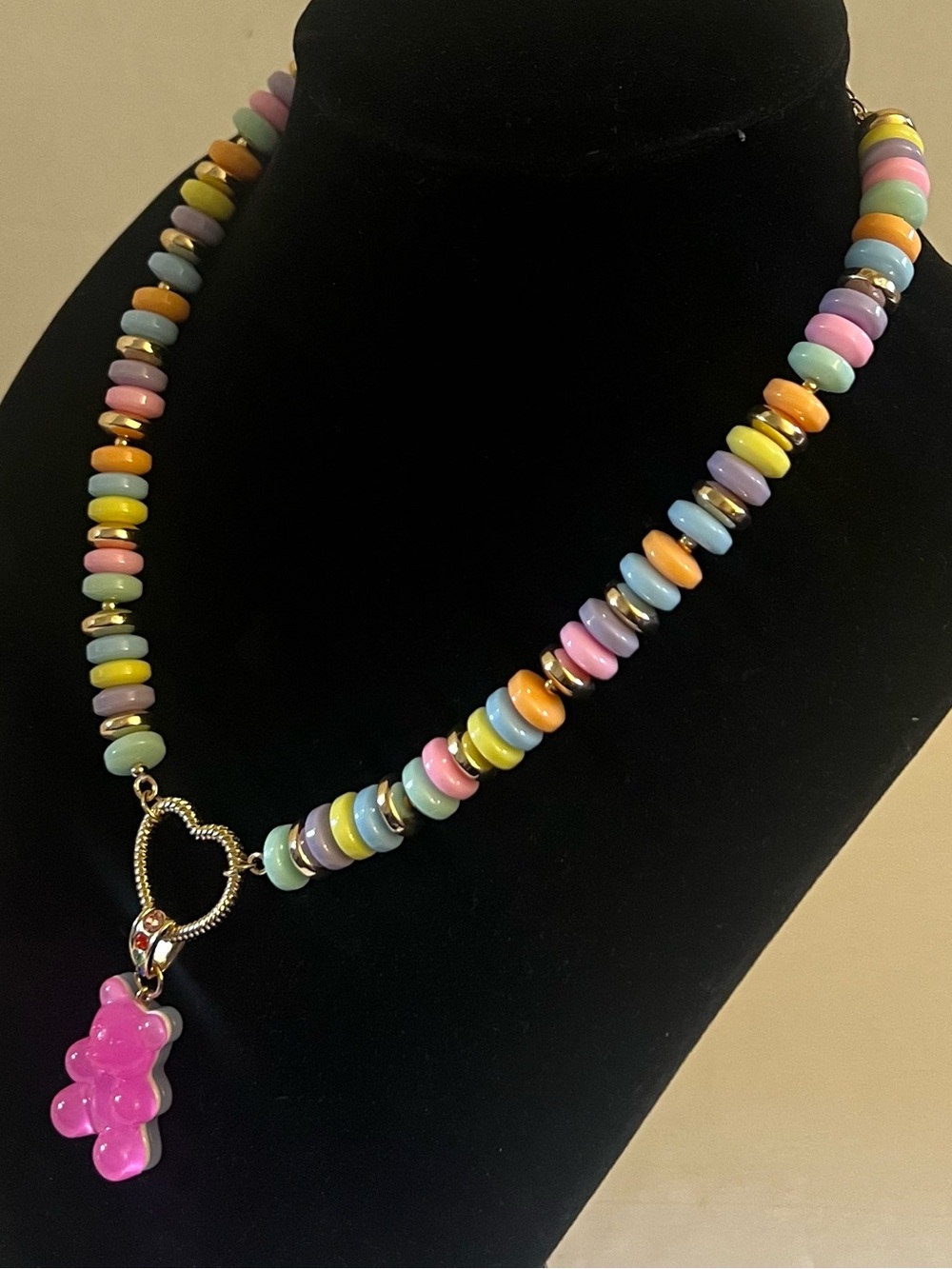 Betsey Johnson Pink Gummy Bear Charm Pastel Beaded Necklace - Picture 8 of 16